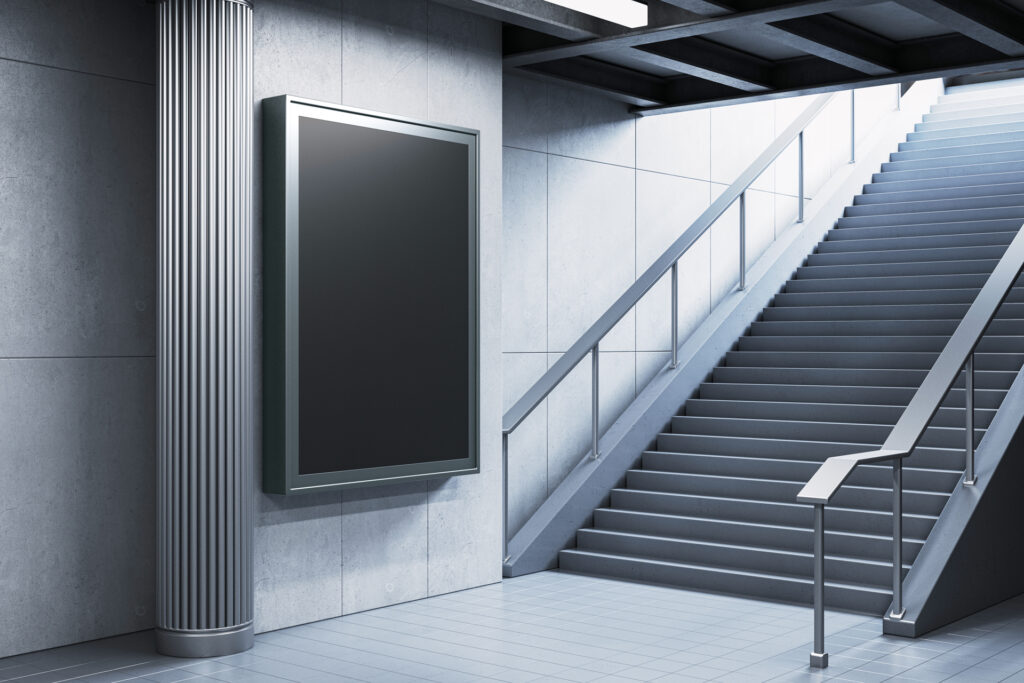 blank-advertising-board-modern-staircase-subway-station-3d-rendering